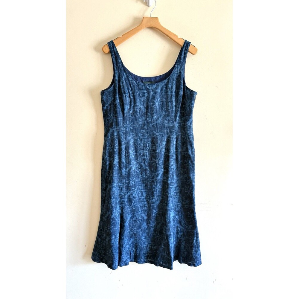 Lauren Ralph Lauren 14 100% Linen Midi Floral Sheath Dress Vintage Resort Blue L